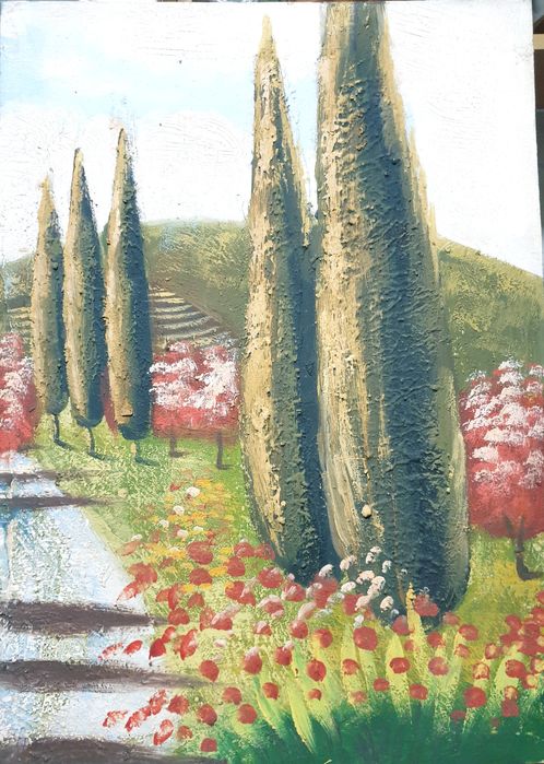Pintura paisagística da Toscana em relevo sobre tela