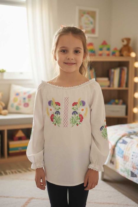 Сказочная вышиванка с кружевом на девочку (р. 134). Состояние новой!