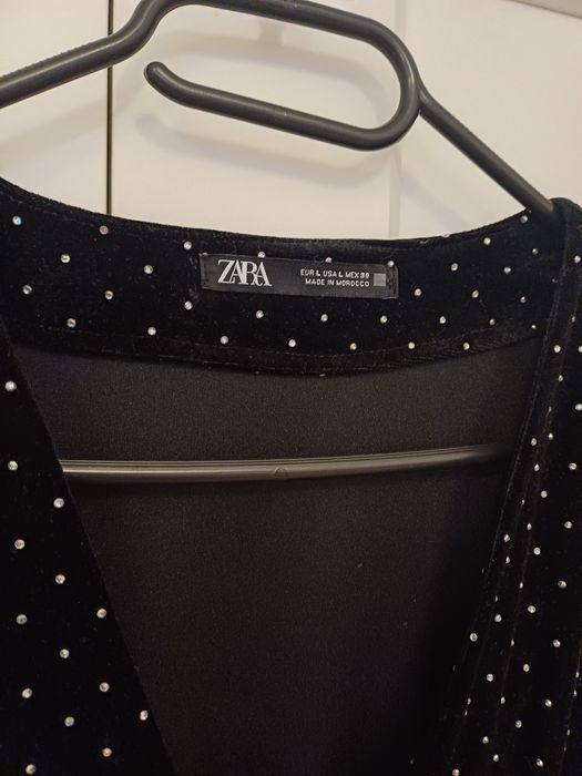 Czarna sukienka Zara L 40 mini cyrkonie marszczenia imprezowa