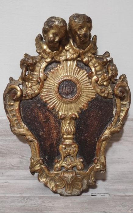 Belo Medalhão Devocional IHS, Barroco, Madeira e Ouro, Séc XVIII