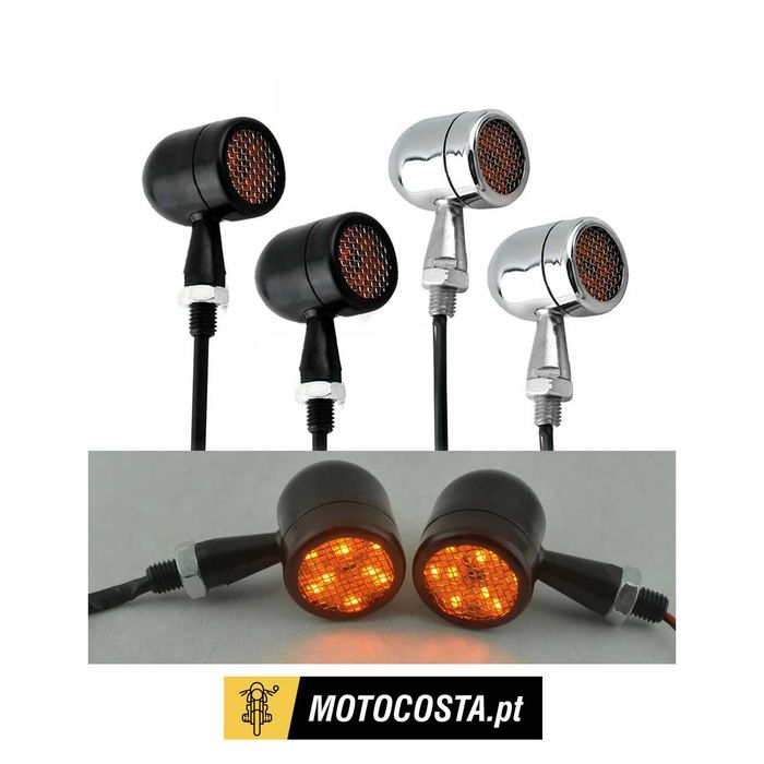 Par de mini piscas LED bala 12V para moto — âmbar universal