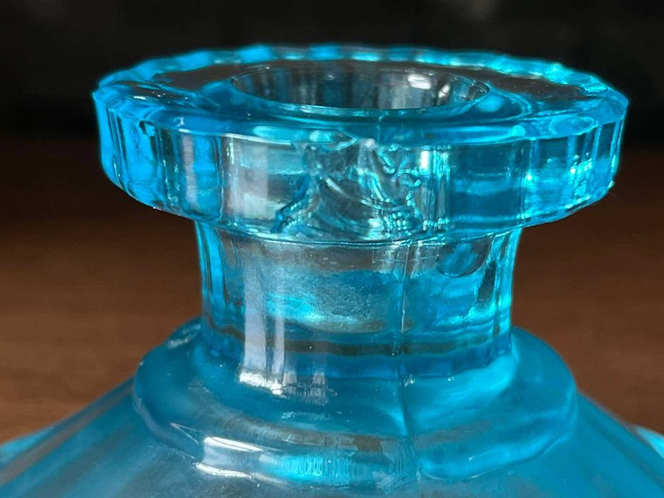 Szklany zestaw na toaletkę stół błękitne szkło vintage