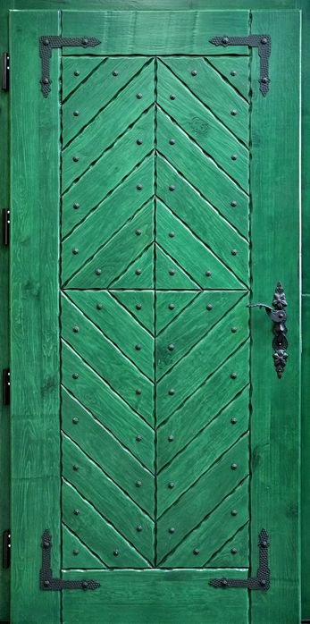 Drzwi DŁUGOSZ drewniane zewnętrzne góralskie jodełka zielone GOTOWE