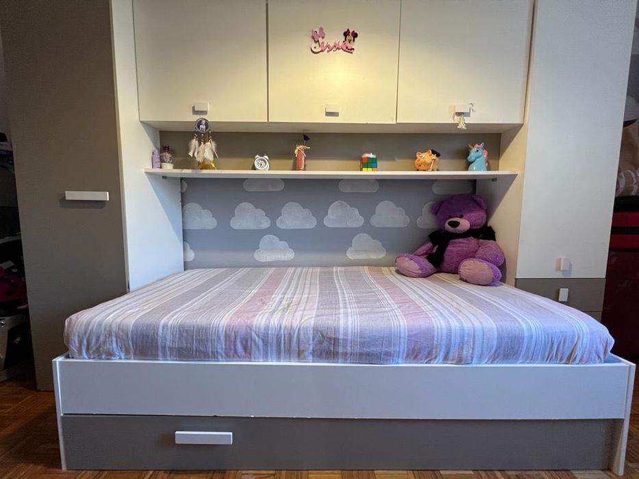 Conjunto cama de criança com ponte + estrado + colchão