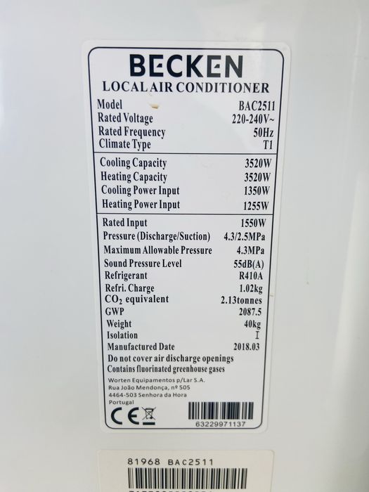 Ar Condicionado Portátil Becken BAC2511-Frio/Quente