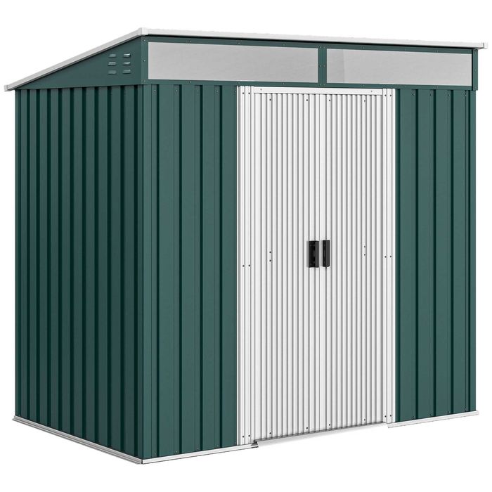Abrigo de jardim metálico 2 m² com porta de correr e janelas verde