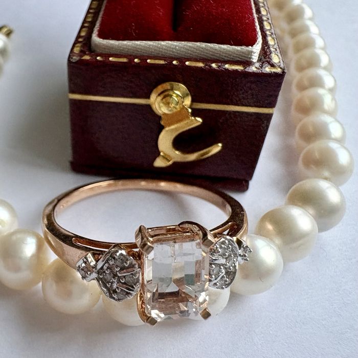 Retro Złoty pierścionek 9k diamenty 0,15 ct brylanty topaz duży R17