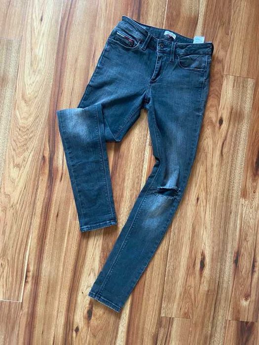 Tommy hilfiger skinny szare long rurki dzins jeans spodnie dziury