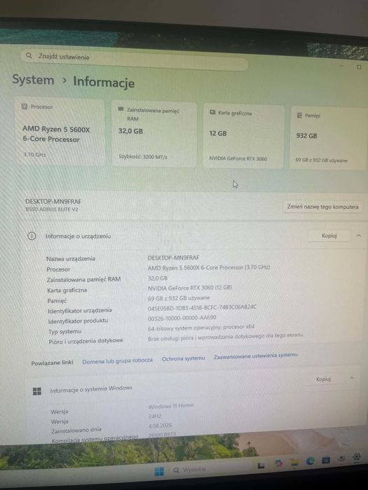Komputer Gamingowy Ryzen 5 5600X RTX 3060 12GB 32GB RAM SSD 1TB B550 AORUS