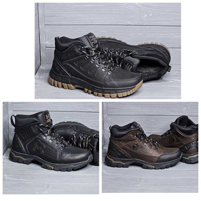 Мужские кожаные черные коричневые зимние прошитые ботинки / кроссовки!