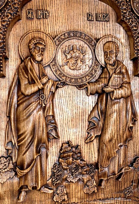 Різьблена ікона з дерева святих апостолів Петра і Павла 40х30 см