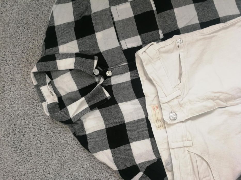 Białe spodnie Zara koszula w kratę H&M 152 bdb