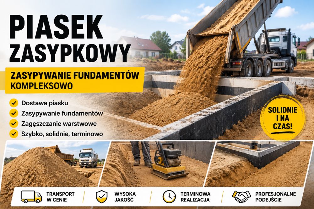 Piasek zasypkowy – kompleksowe zasypywanie fundamentów , plyty fundamentowe