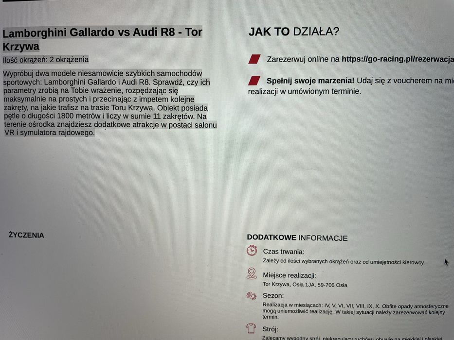 Voucher jazda Lamborghini Gallardo vs Audi R8 - Tor Krzywa 2 okrążenia