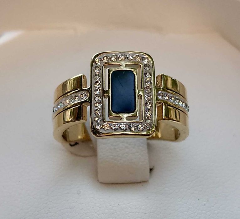 Pierścionek r.14 szeroki z cyrkoniami,Stal Chirurgiczna 316L.pozłacany