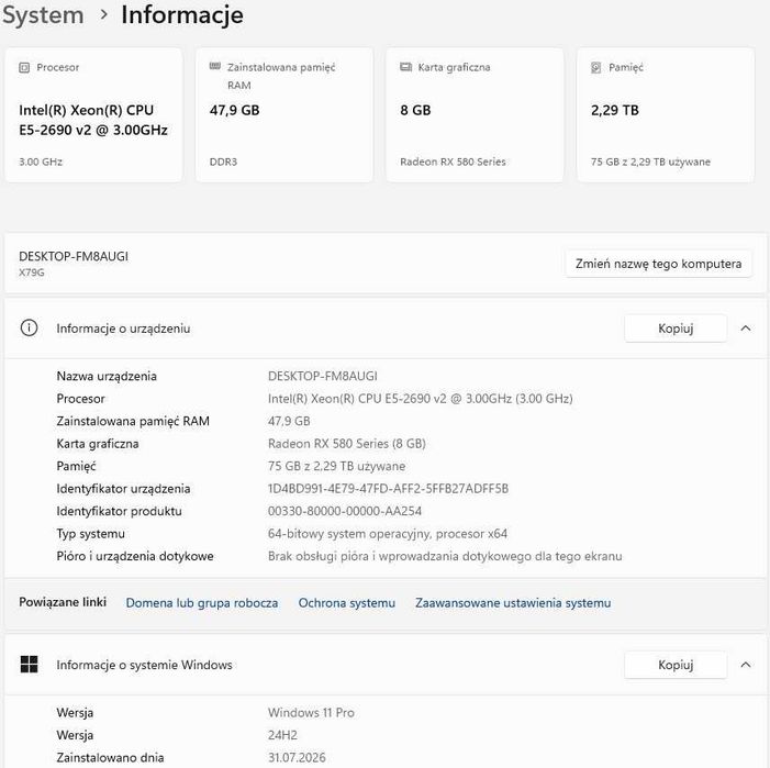 Gamingowy komputer (akwarium) M.2 NVMe, dyski 2.5TB, 10 rdzeni, grafika 8GB, 48GB RAM+ewentualnie monitor i akcesoria
