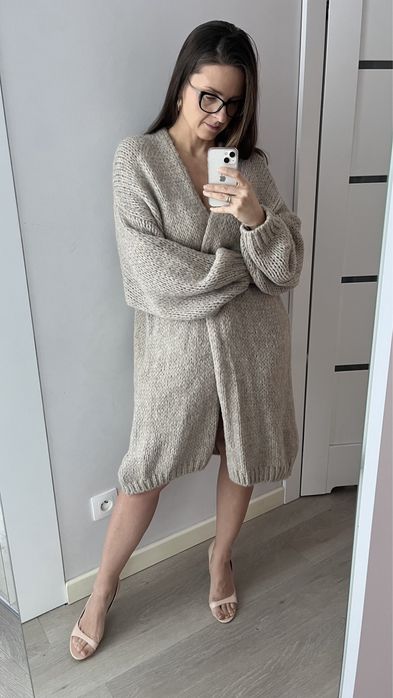 LeMonada kardigan boho beżowy gruby splot uniwersalny moher