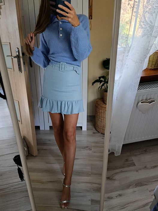 Sweter damski zdobienie guziki błękit kołnierzyk XS s jesień zima