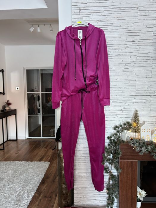 Dresy damskie  XS S 34 36 komplet dresowy welur rozpinane fuksja