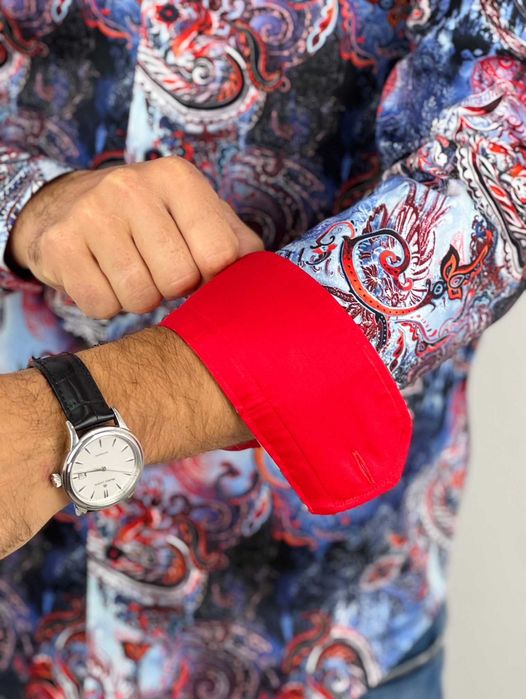 DANIEL BESSI Koszula męska fb103 kwiaty jeans czerwony niebieski