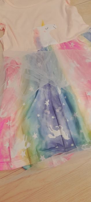 Nowa sukienka tęczowa jednorożec tiul 4-5, 104-110 urodziny bal