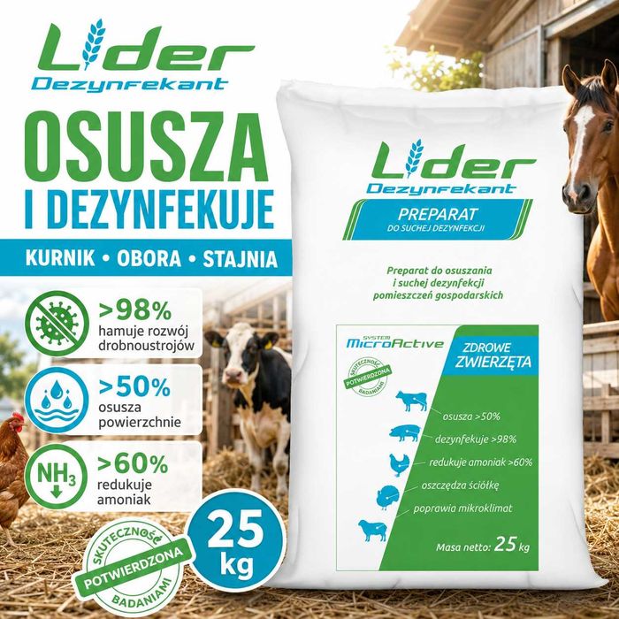 Dezynfekant Lider 25 kg – sucha dezynfekcja kurnika, obory, stajni, osuszanie ściółki
