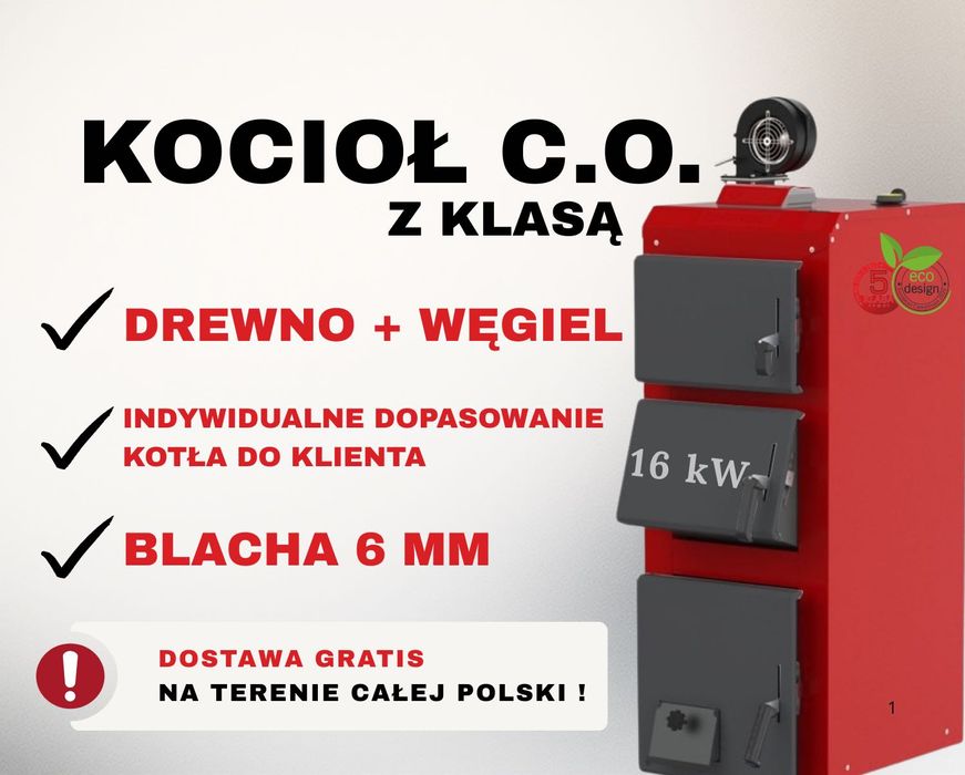 KOCIOŁ PIEC 16 kW drewno + węgiel, 4 kanały, DUŻY ZASYP, DOSTAWA 48H