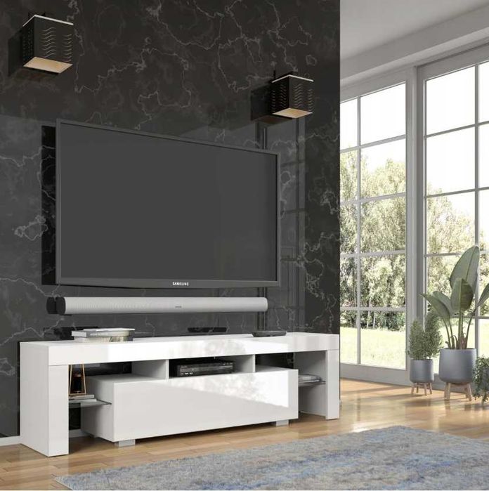 Szafka RTV 160 cm biały mat (korpus) / biały połysk (fronty)