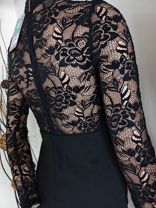 Sukienka czarna elegancka z chokerem koronką M mini ołówkowa