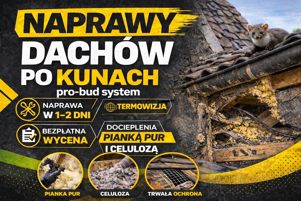 Naprawa Izolacji dachu KUNY Docieplenie CELULOZĄ Ocieplanie PIANĄ PUR