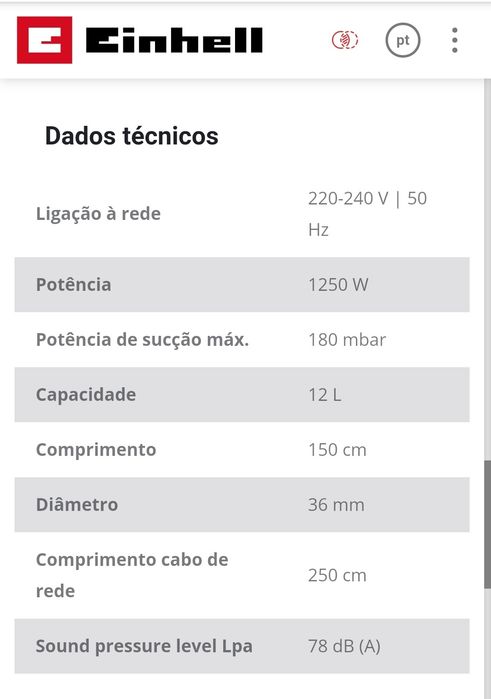 Aspirador de Sólidos, Líquidos e Pó 12L - 1250w Einhell