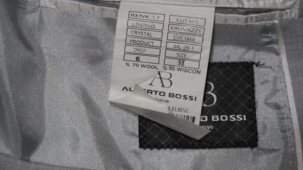 Garnitur Wełniany Alberto Bossi Dwurzędowy Jasnoszary Rozmiar 58