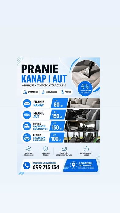 Mobilne pranie tapicerki samochodowej i meblowej,polerowanie lamp– dojazd do klienta