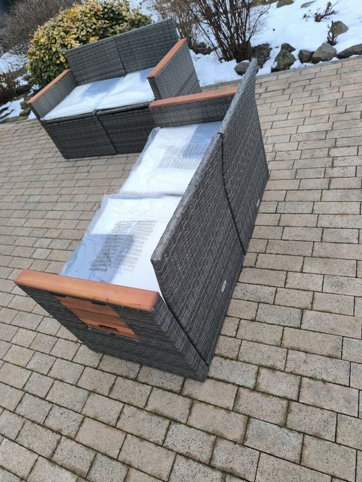 Nowe 2 sofy ogrodowe kanapy fotele modułowe z poduszkami rattan stolik