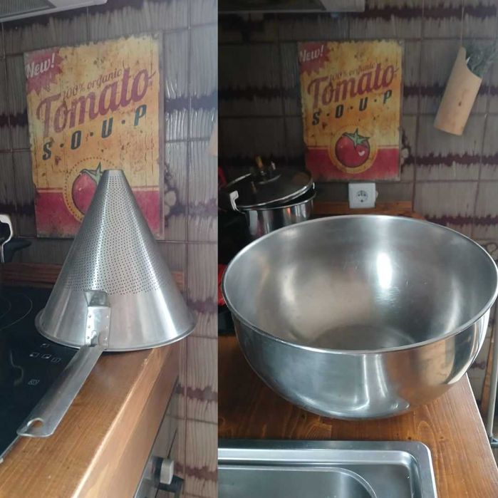 Conjunto Cozinha Profissional: Coador Chinês (28cm) e Taça Inox Grande (38cm)