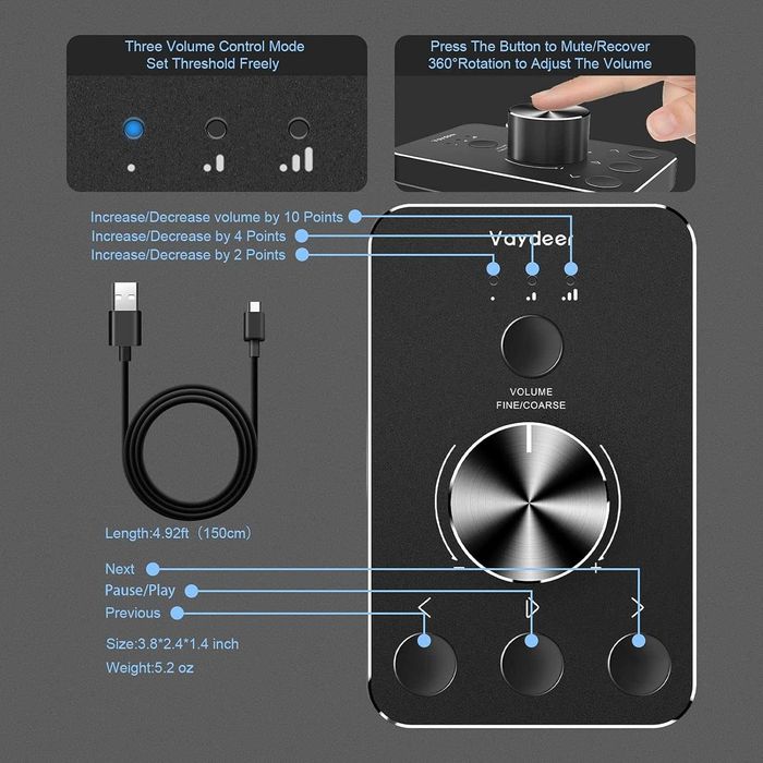 Vaydeer Regulacja głośności USB Adjuster audio do komputera głośników