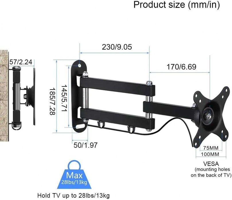 Suporte monitor parede p mais de 15 a 32'' 13 kg girar/inclinar/estender VESA 100 x 100/75 x 75 mm