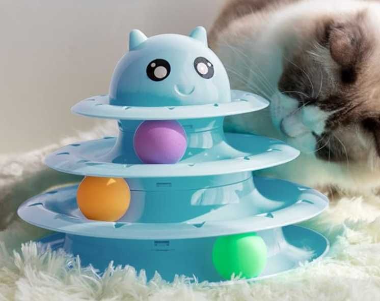 Zabawka interaktywna dla kota wieża z piłeczkami uciekające piłeczki
