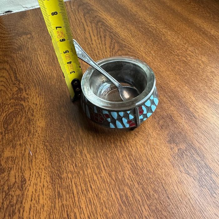 Solniczka Srebrzona emalia z łyżeczką Biomet PRL