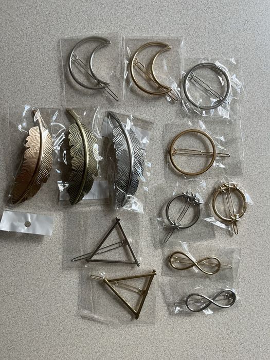 Złote srebrne spinki klamry do włosów pióro koło trójkąt eleganckie