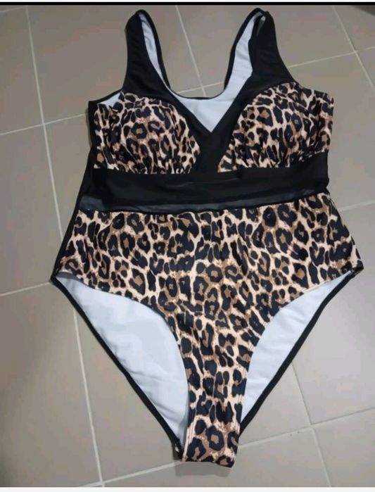 Купальник сдельный большого размера леопард с сеточкой на талии XXXL