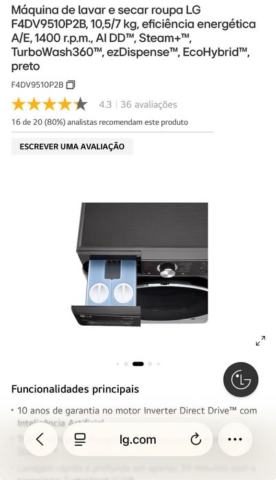 Máquina de lavar e secar LG ThinQ na cor preto