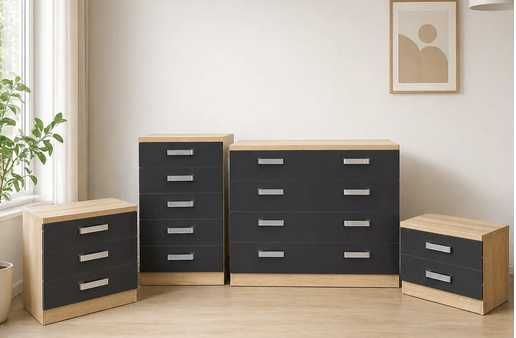 conjunto de quarto inclui cómoda, aparador e mesas de cabeceira.