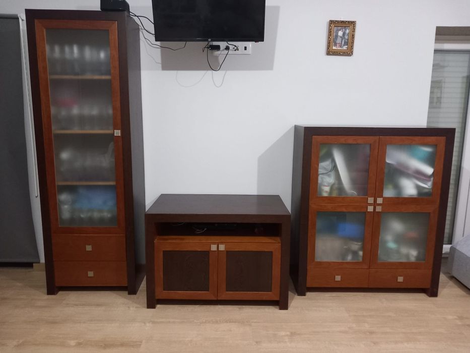 Mobília de sala completa em mogno e cerejeira com 3 sofás,2 em pele e