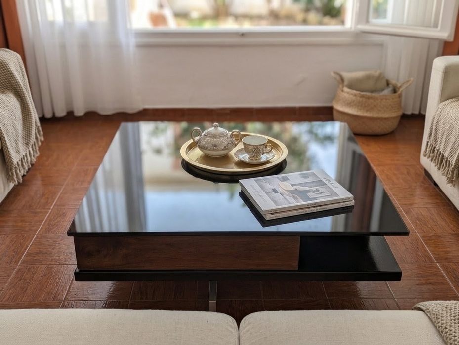 Mesa de centro moderna lacada a preto 80x80cm com gavetas em nogueira maciça e tampo vidro 10mm