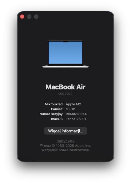 Macbook Air 13” M2 | 16GB RAM | 256GB | srebrny | komplet | bateria 86%