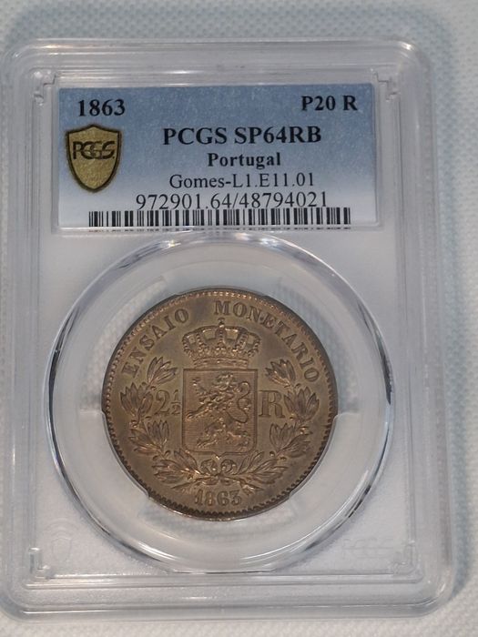 Portugal 1863 – Conjunto Excecional 5, 10 e 20 Reis PCGS SP63/SP64 RB – D. Luís I