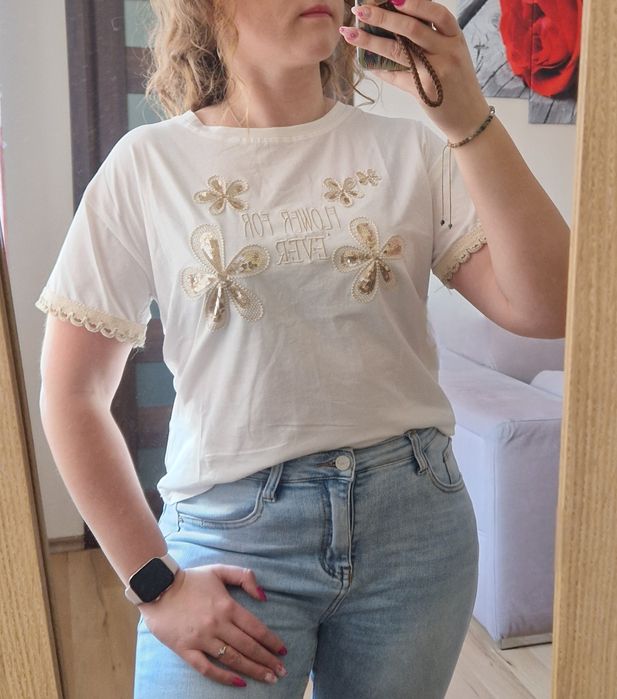 Bluzka T-shirt damski boho wyszywane kwiaty Nowy