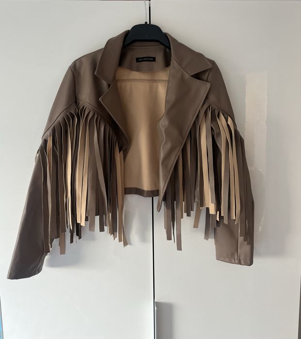 Brązowa kurtka ramoneska z frędzlami eco skóra