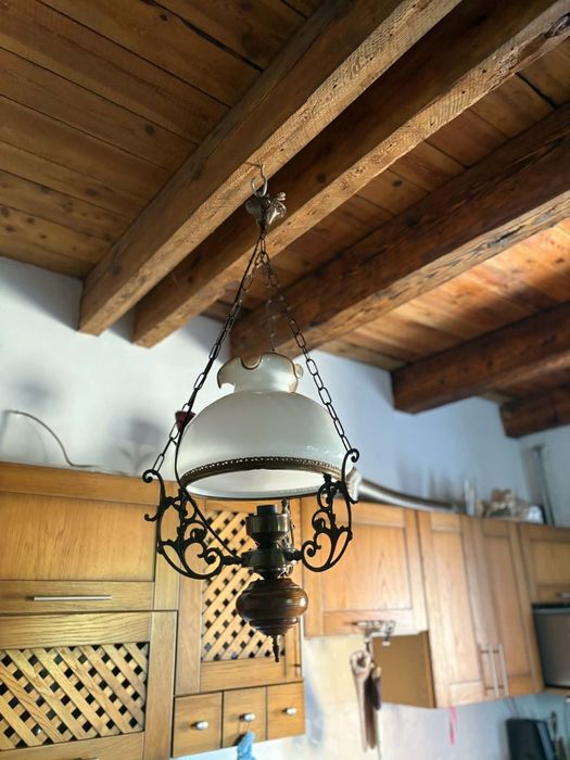 Rustykalna Lampa Wisząca Retro z Mosiądzu i Drewna Vintage